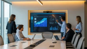 Modern smartboard interactive display being used in a corporate conference room.