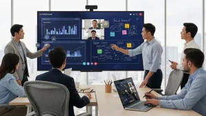 Corporate meeting room in 2026 featuring a 4K AI-enabled smartboard displaying predictive analytics.