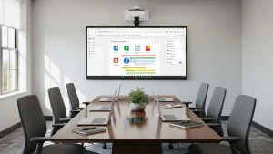 A modern meeting room featuring a Google EDLA Certified smartboard displaying native Google Workspace apps.