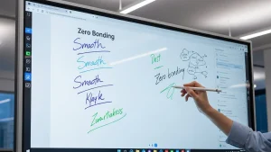 A modern Smart Board interactive flat panel display (IFPD) demonstrating Object Recognition and Zero Bonding technology for lag-free writing in a corporate meeting room