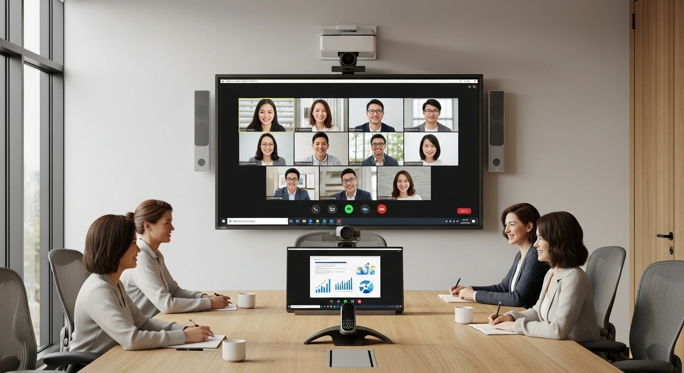 4K Smartboard Solutions for Hybrid Meeting Rooms displaying video conference grid