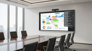 Modern 2026 Smartboard interactive display with AI toolbar in a corporate boardroom.