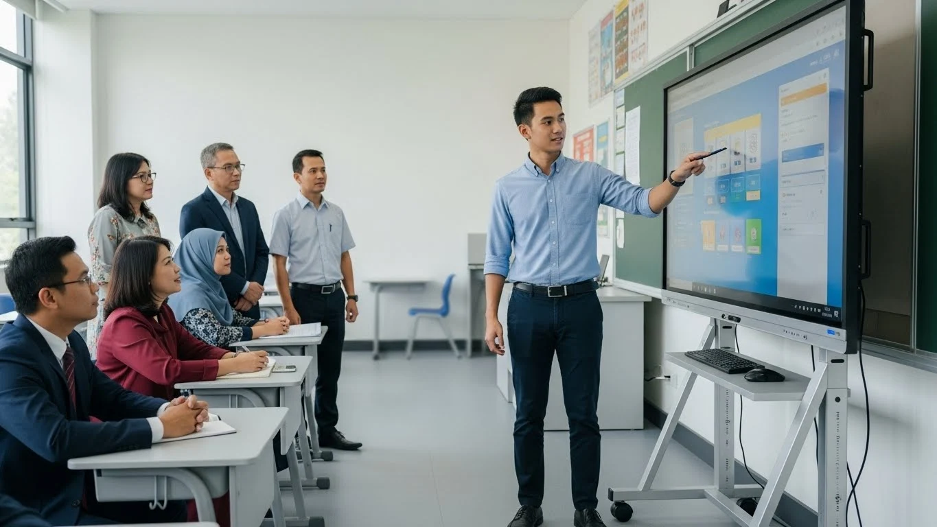 Teacher demonstrating how smartboard is useful in a classroom using touch interface