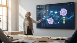 Teacher utilizing Smartboard integration with ChatGPT to generate real-time diagrams in a classroom setting