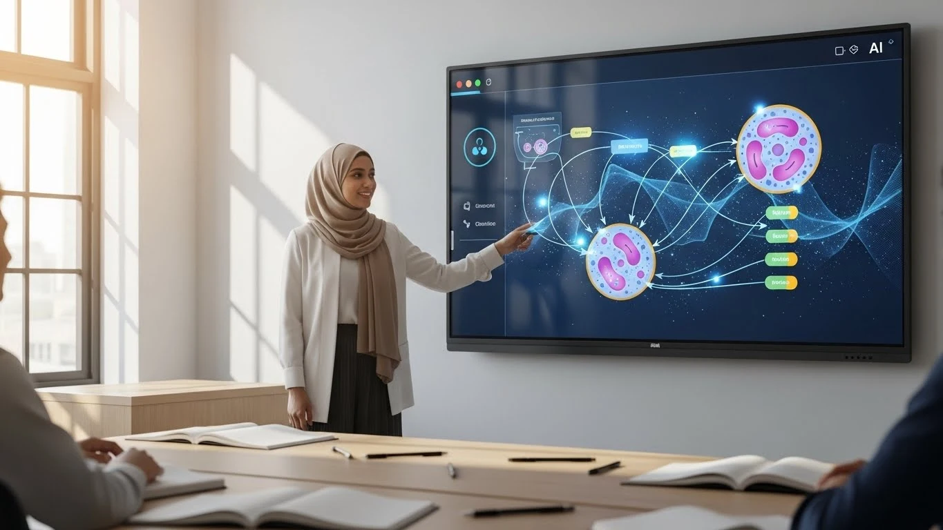 Teacher utilizing Smartboard integration with ChatGPT to generate real-time diagrams in a classroom setting