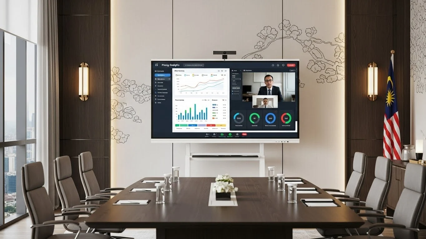 Modern 86-inch Smartboard AI in a Malaysian conference room displaying pricing analytics