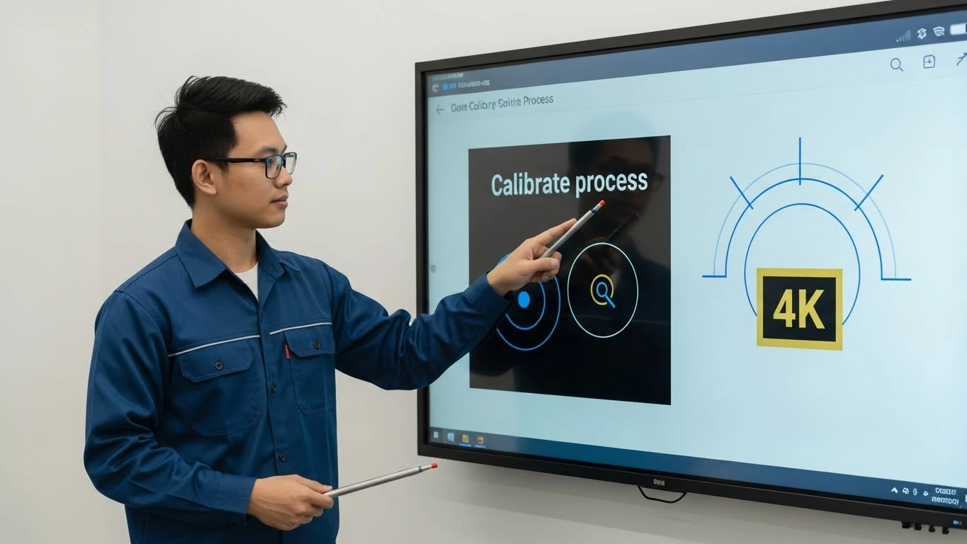 Technician demonstrating smartboard how to calibrate process on a 4K interactive display