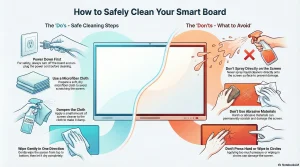 Infographic of how to clean a Smartboard screen using a microfiber cloth and approved solution