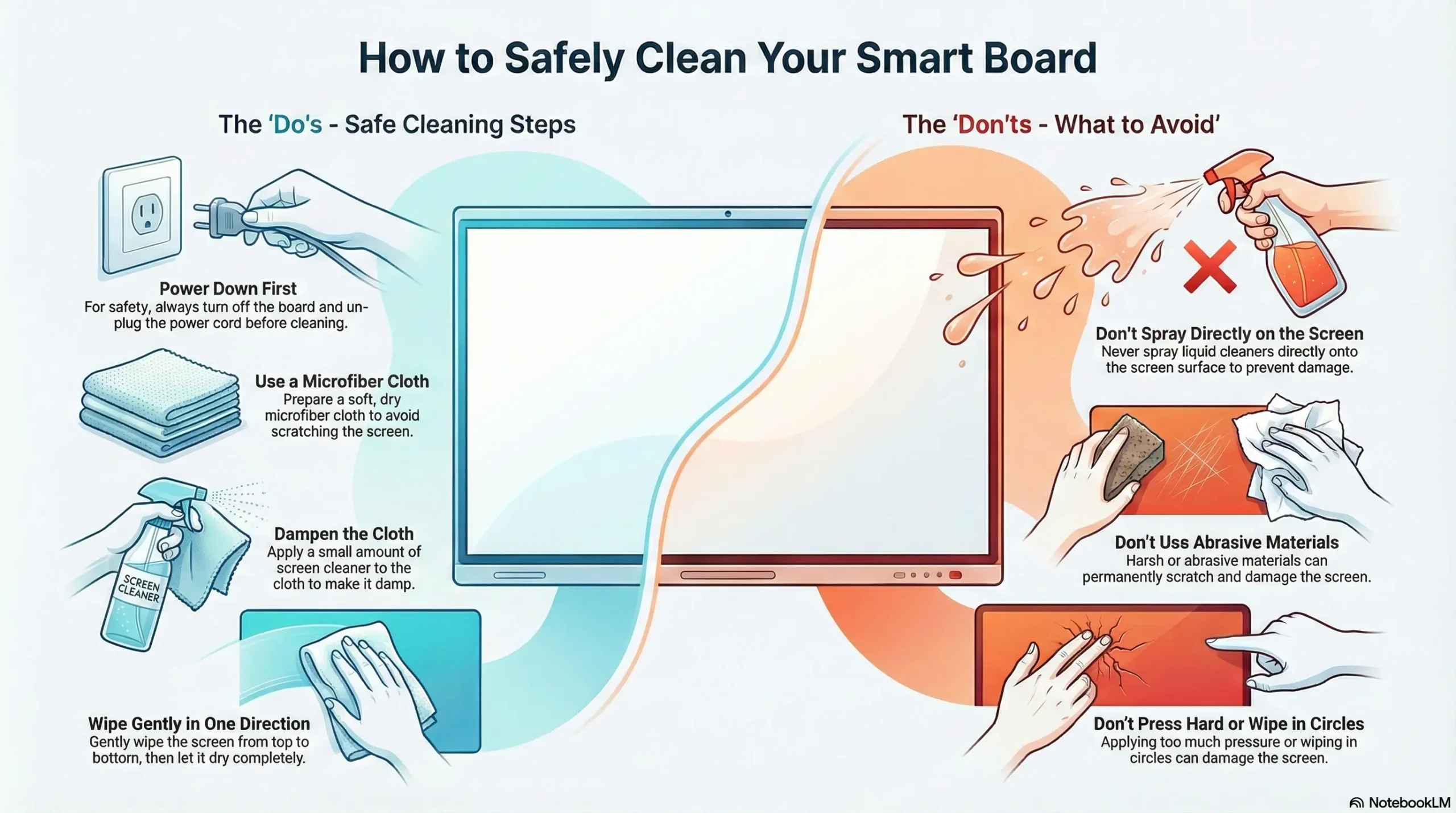 Technician demonstrating how to clean a Smartboard screen using microfiber cloth